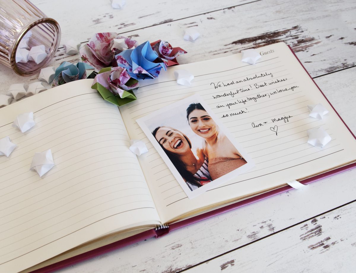 Wedding guest book showing signature and photo